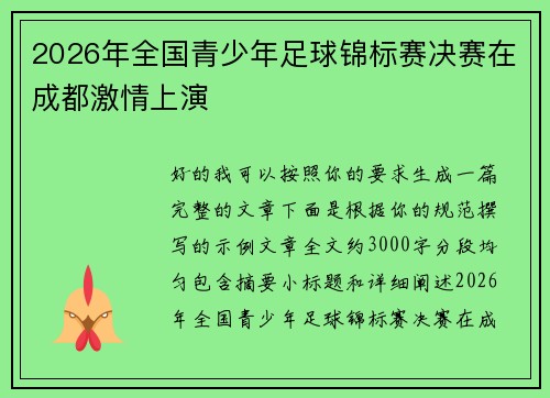 2026年全国青少年足球锦标赛决赛在成都激情上演 2026年全国青少年足球锦标赛决赛在成都激情上演
