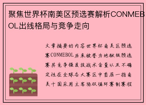 聚焦世界杯南美区预选赛解析CONMEBOL出线格局与竞争走向 聚焦世界杯南美区预选赛解析CONMEBOL出线格局与竞争走向